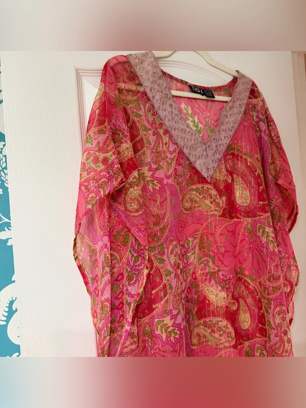 Boho Sheer Paisley Cover-Up Tunic Pink Metallic Lurex Free Size Made in India